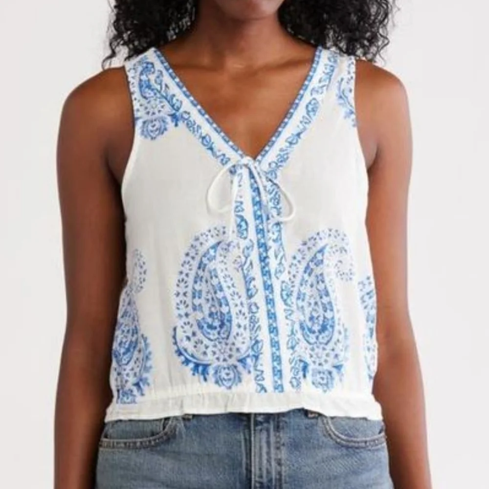 Lucky Brand Sleeveless Top Midi Skirt Set Cotton Paisley Print White Blue XL NWT